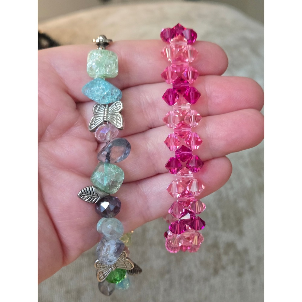 Lot of 2 Two Stretch Bracelets Stone Rhinestone Pink Green Vintage